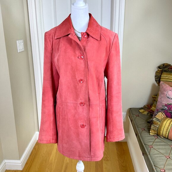 Bernardo Jacket Suede Leather Mid Length Button Front Orange Coral (M) - Picture 1 of 7